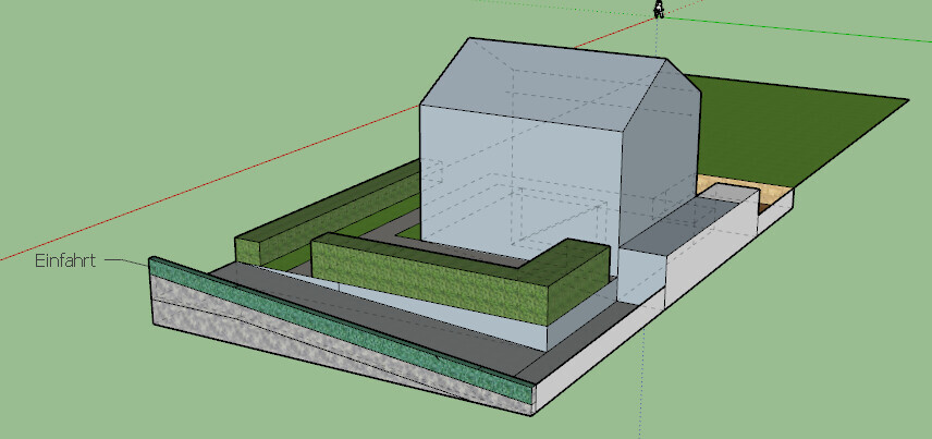 3D-Hausmodell auf Grundstück mit Zufahrt, Garten und Begrünung
