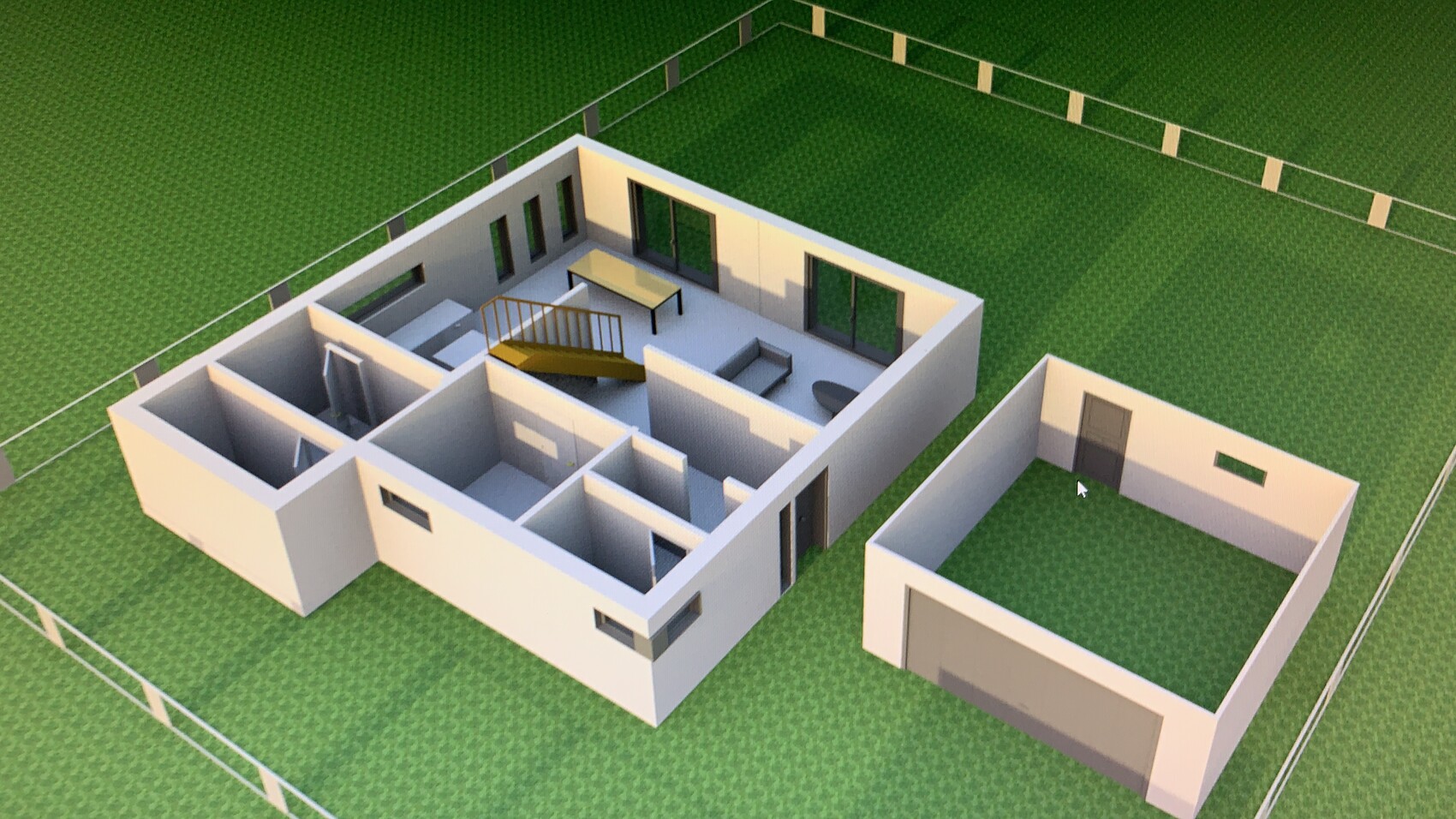 3D-Hausgrundriss mit Treppe, Wohnzimmer und Garage auf Grünfläche.
