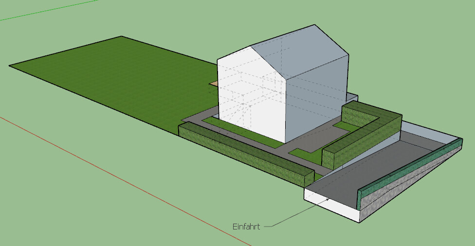 3D-Hausmodell mit grünem Grundstück, Zufahrt und Gartenanlage