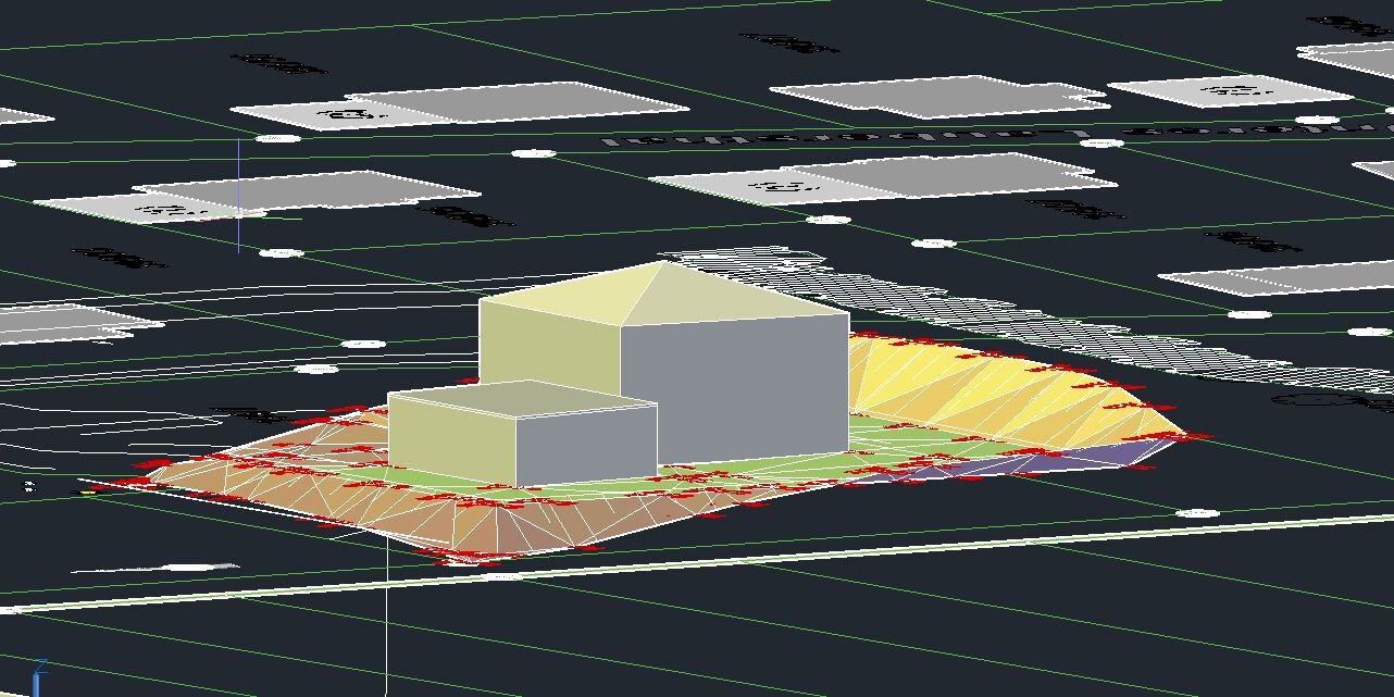 3D-Ansicht eines Baugrundstücks mit zwei rechteckigen Gebäuden auf Geländemodell.