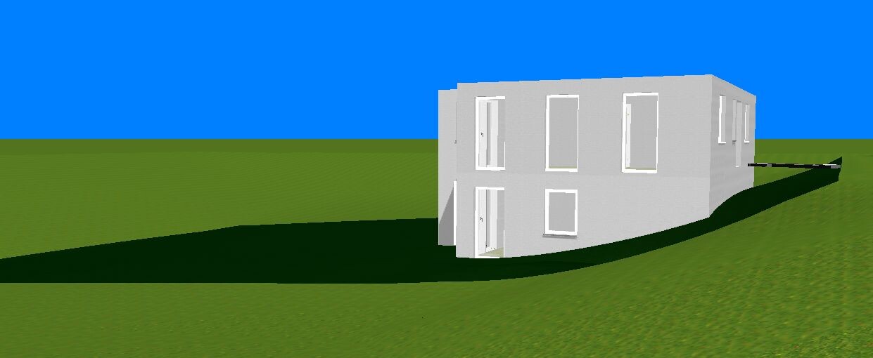 3D-Hausmodell auf Hanglandschaft mit grünem Gelände und blauem Himmel.