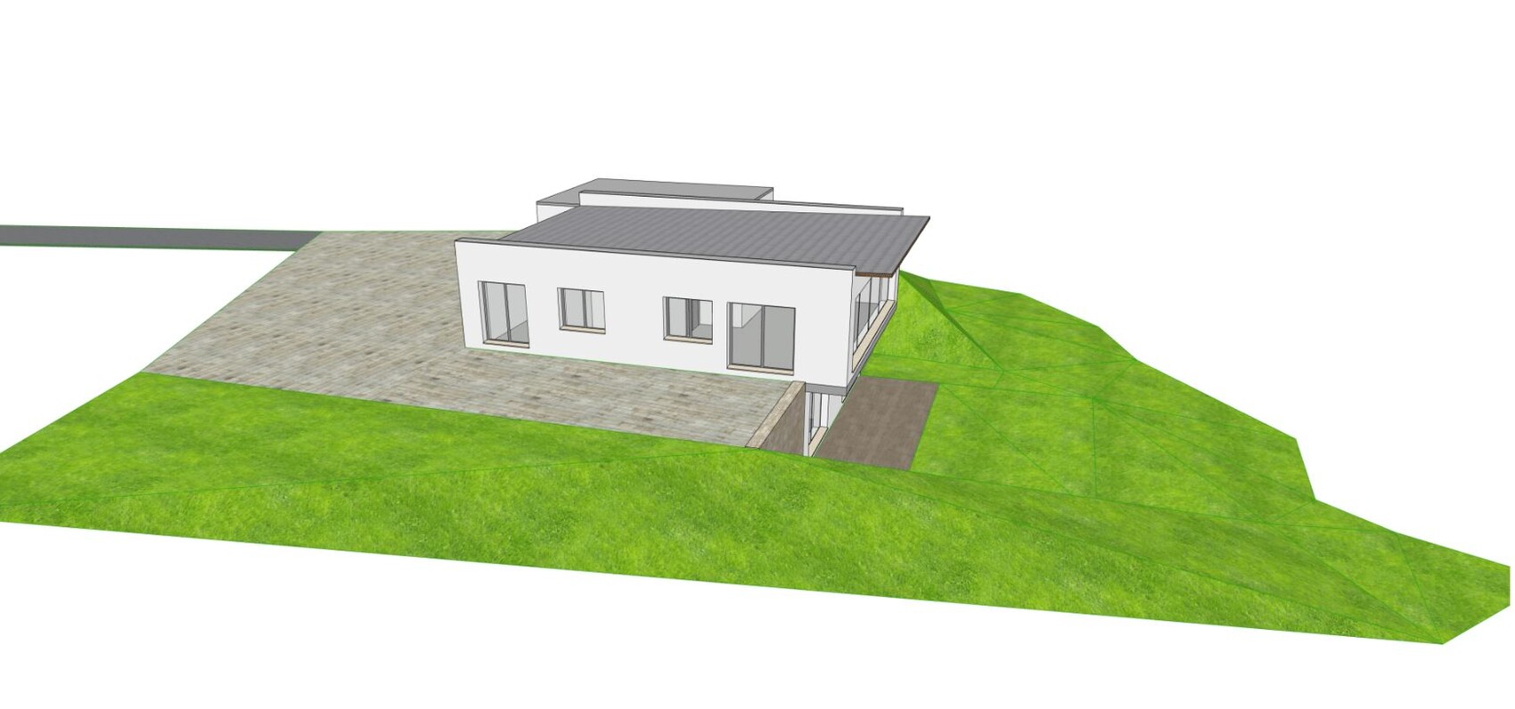 Modernes weißes Einfamilienhaus auf grünem Hang mit Zufahrt und Terrasse
