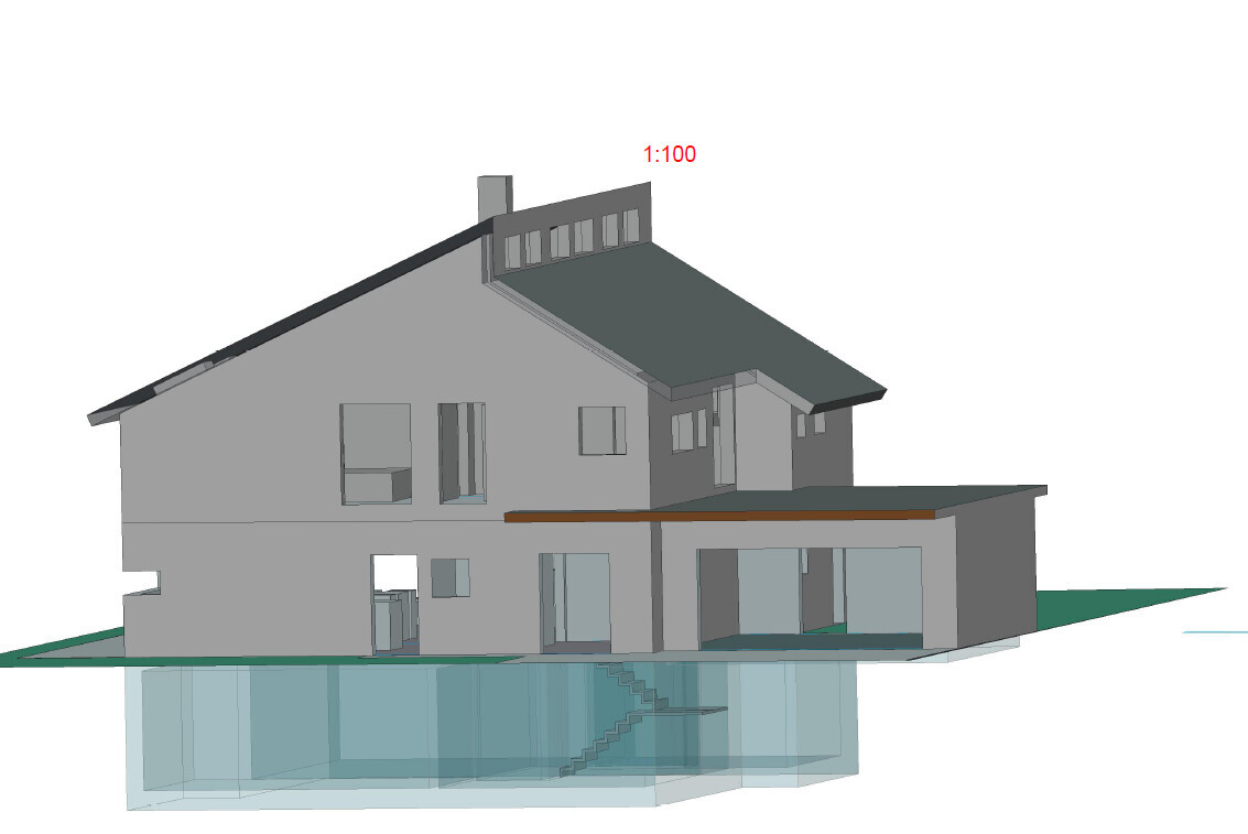 3D-Architekturmodell eines modernen Hauses mit Keller und Terrasse