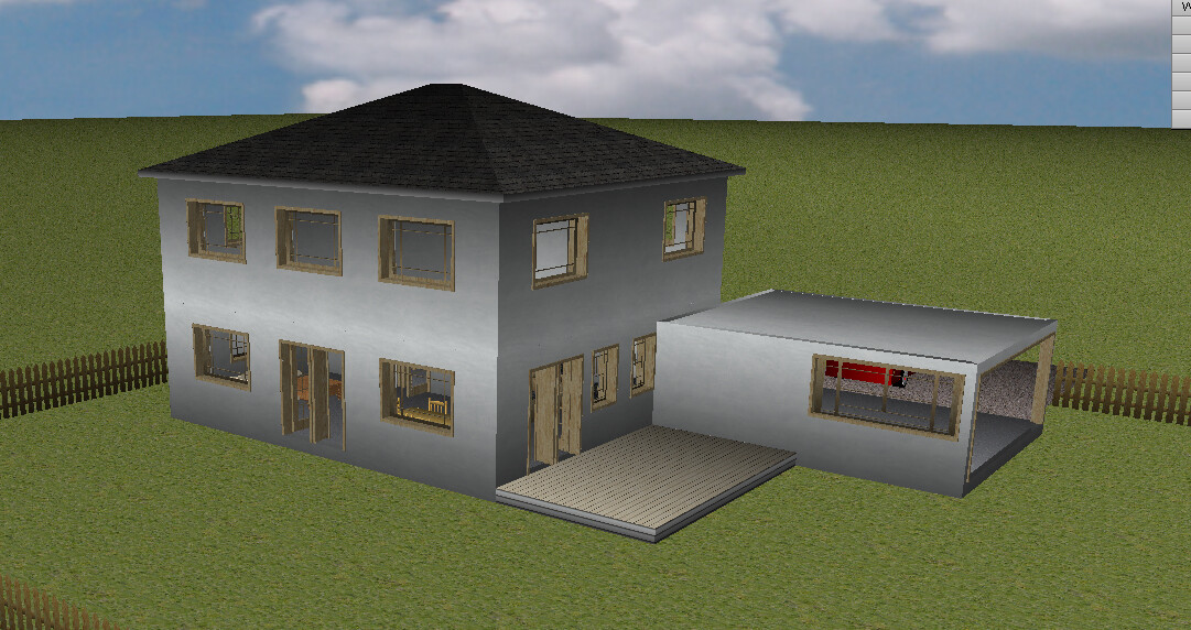3D-Hausmodell mit grauem zweistöckigem Wohnhaus, Terrasse und Gartenfläche