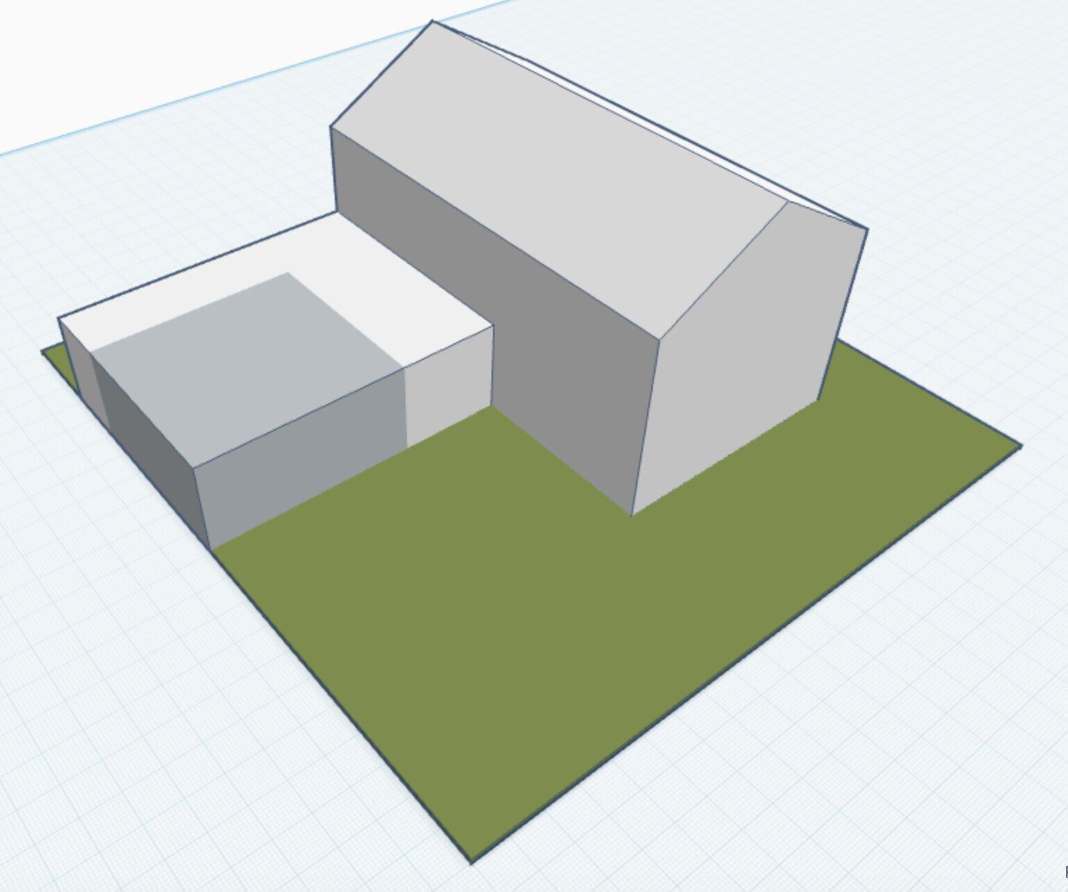 3D-Hausmodell mit zwei Gebäudeteilen auf Grünfläche und grauen Wänden