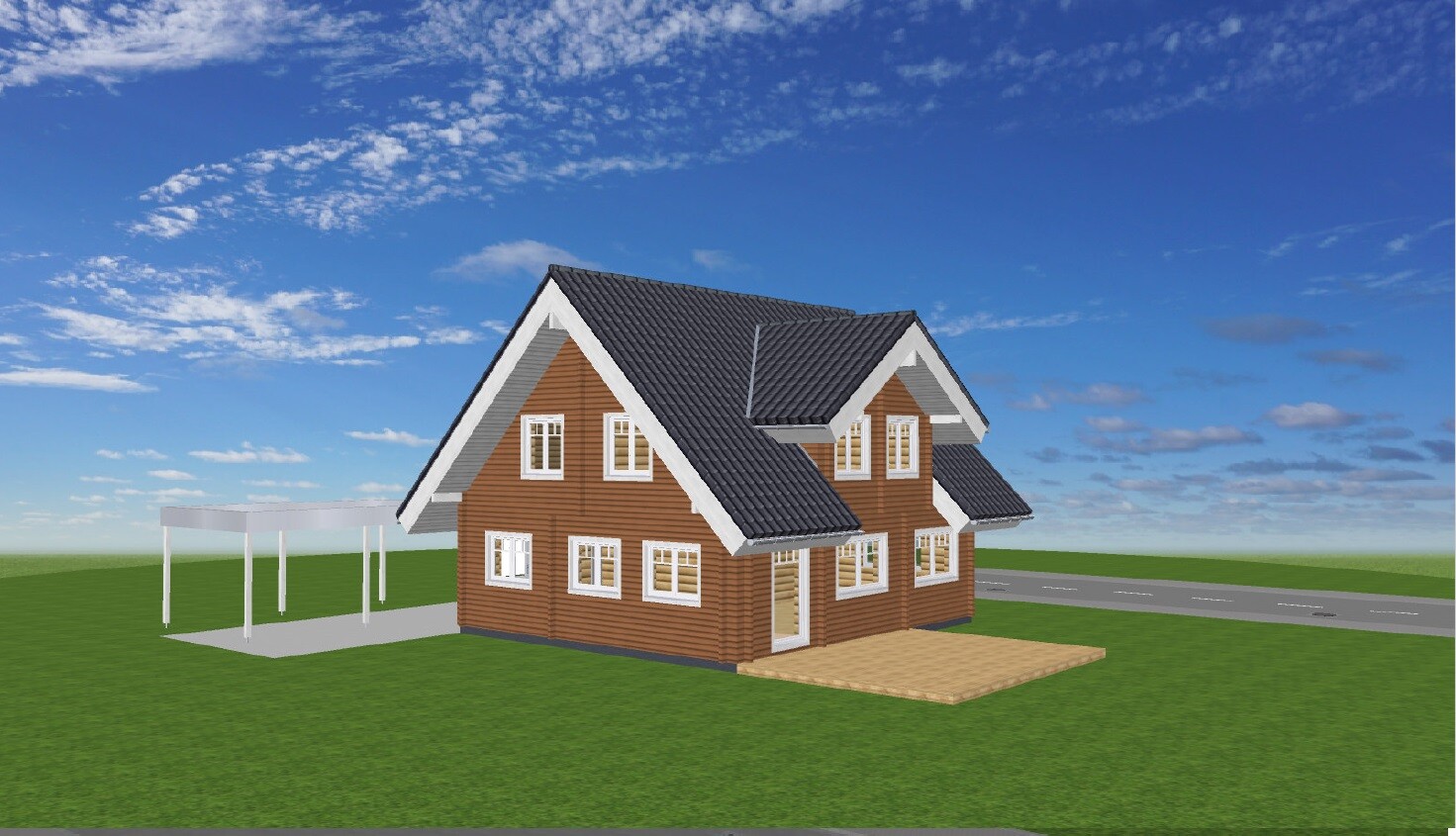 3D-Modell eines Holzhauses auf grünem Grundstück mit Carport und blauem Himmel