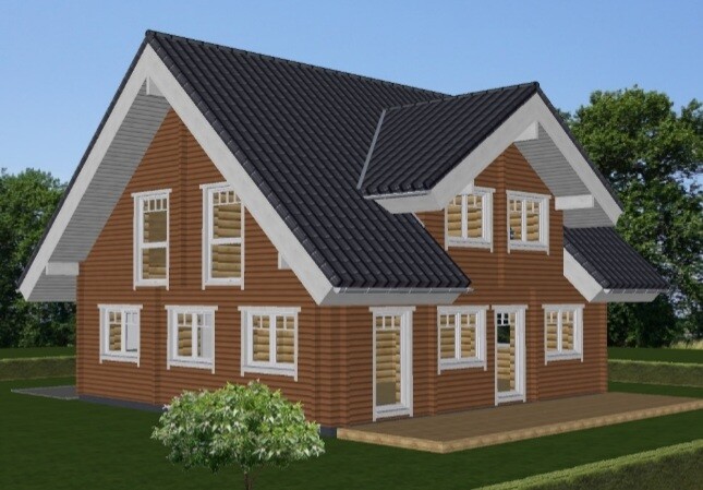 Zweistöckiges Haus mit brauner Holzverkleidung, weißen Fensterrahmen, dunklem Satteldach und Garten.
