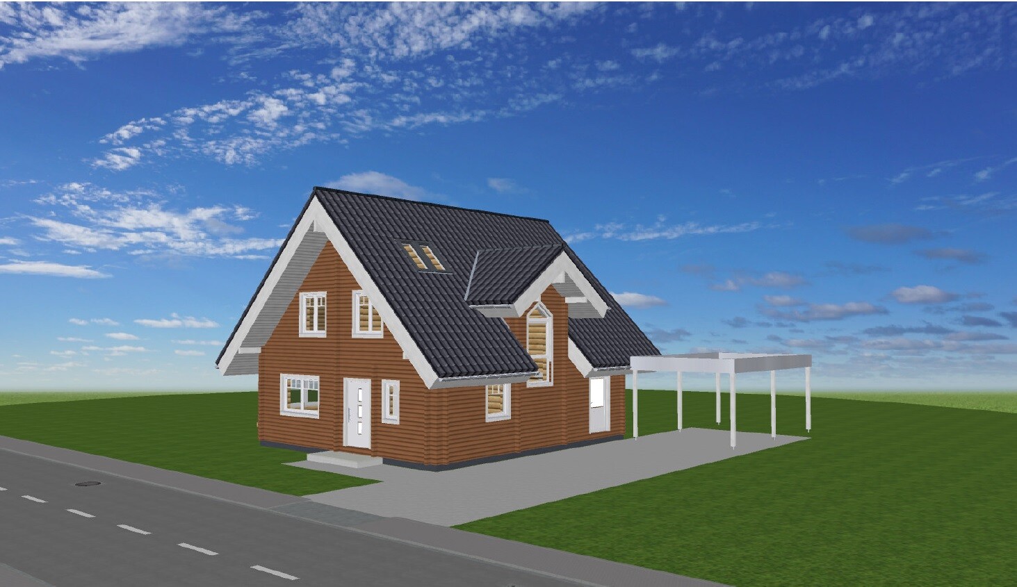 3D-Ansicht eines Holzhaus-Modells mit Carport auf gruenem Gelände