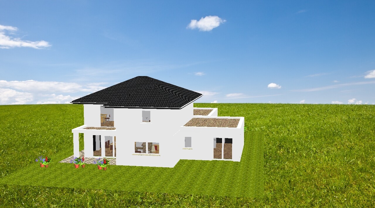 Weißes 3D-Hausmodell mit dunklem Dach auf grünem Feld und Terrasse