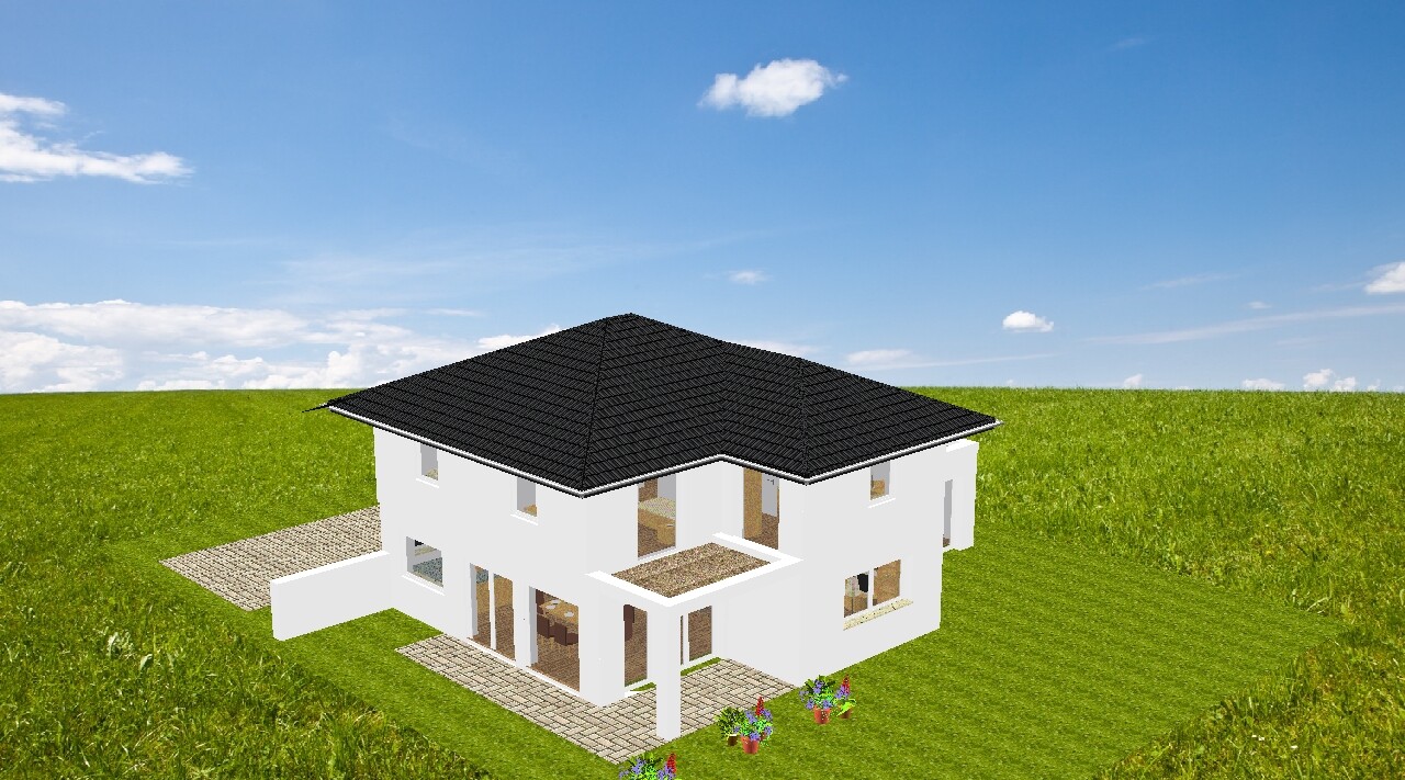 Modernes weißes Hausmodell mit dunklem Dach auf grünem Feld.