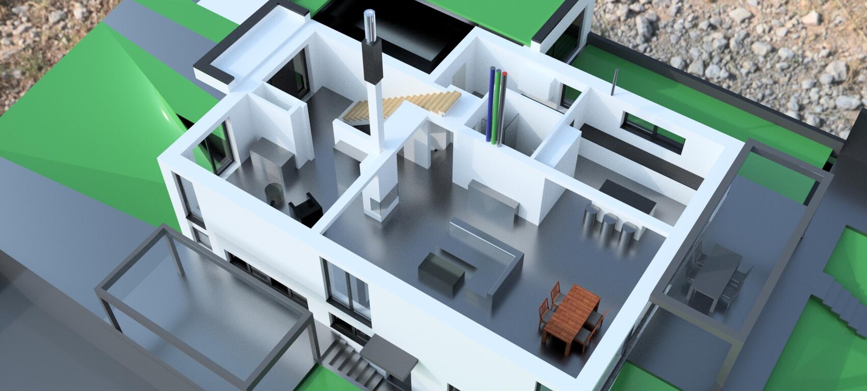 3D-Hausmodell eines Grundrisses mit Innenräumen, Treppen und Möbeln sichtbar
