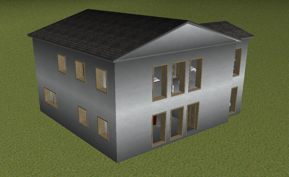 3D-Modell eines zweistöckigen Rohbaus mit grauer Fassade, offenen Holzfenstern und dunklem Dach.