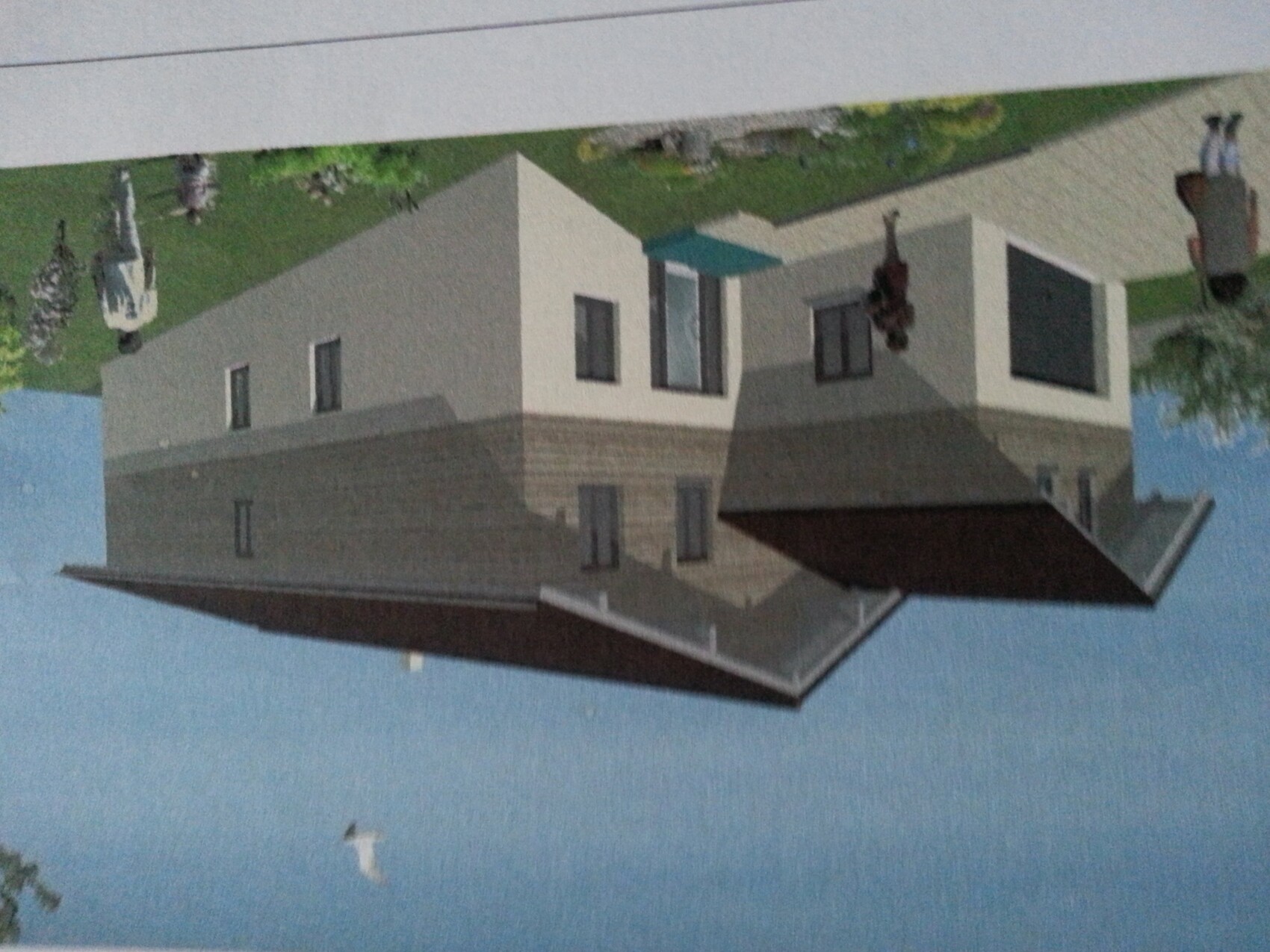 3D-Hausmodell eines modernen Architektenhauses mit Fassade und Fenstern