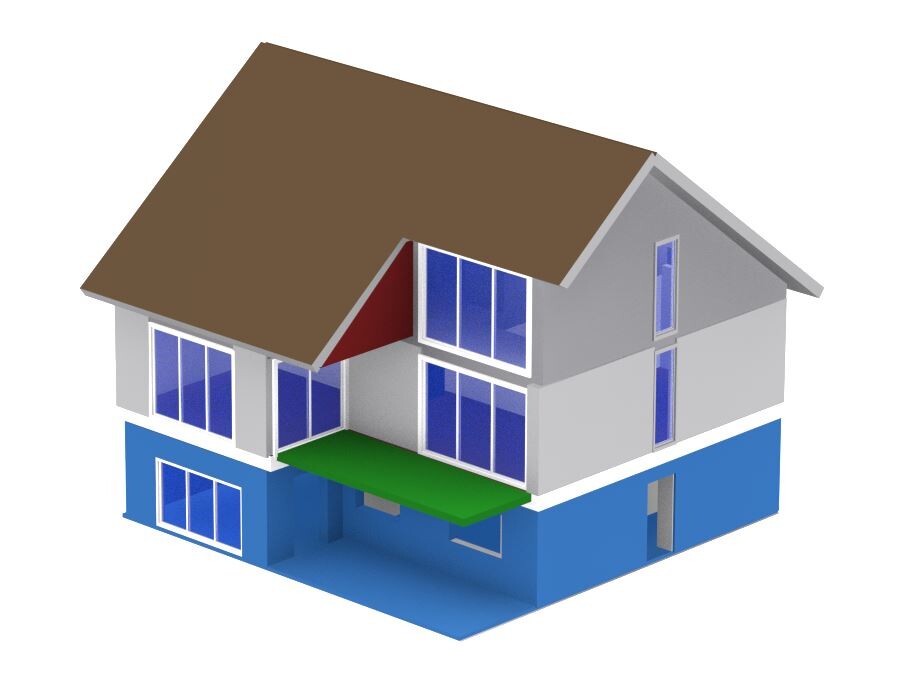 3D-Hausmodell mit braunem Dach, blauer Fassadenbasis und vielen Fenstern
