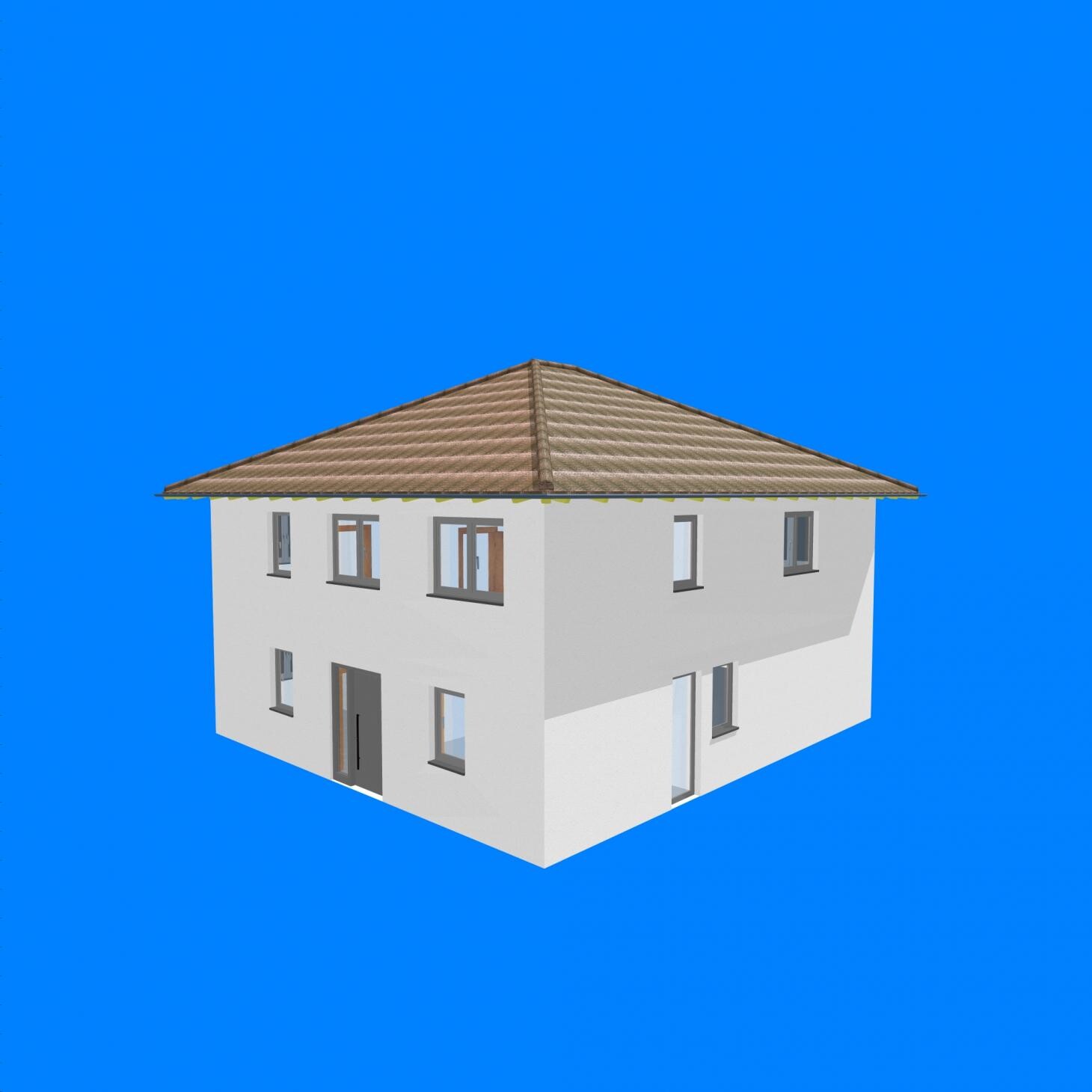 3D-Hausmodell eines zweistöckigen Hauses mit braunem Ziegel-Dach vor blauem Himmel