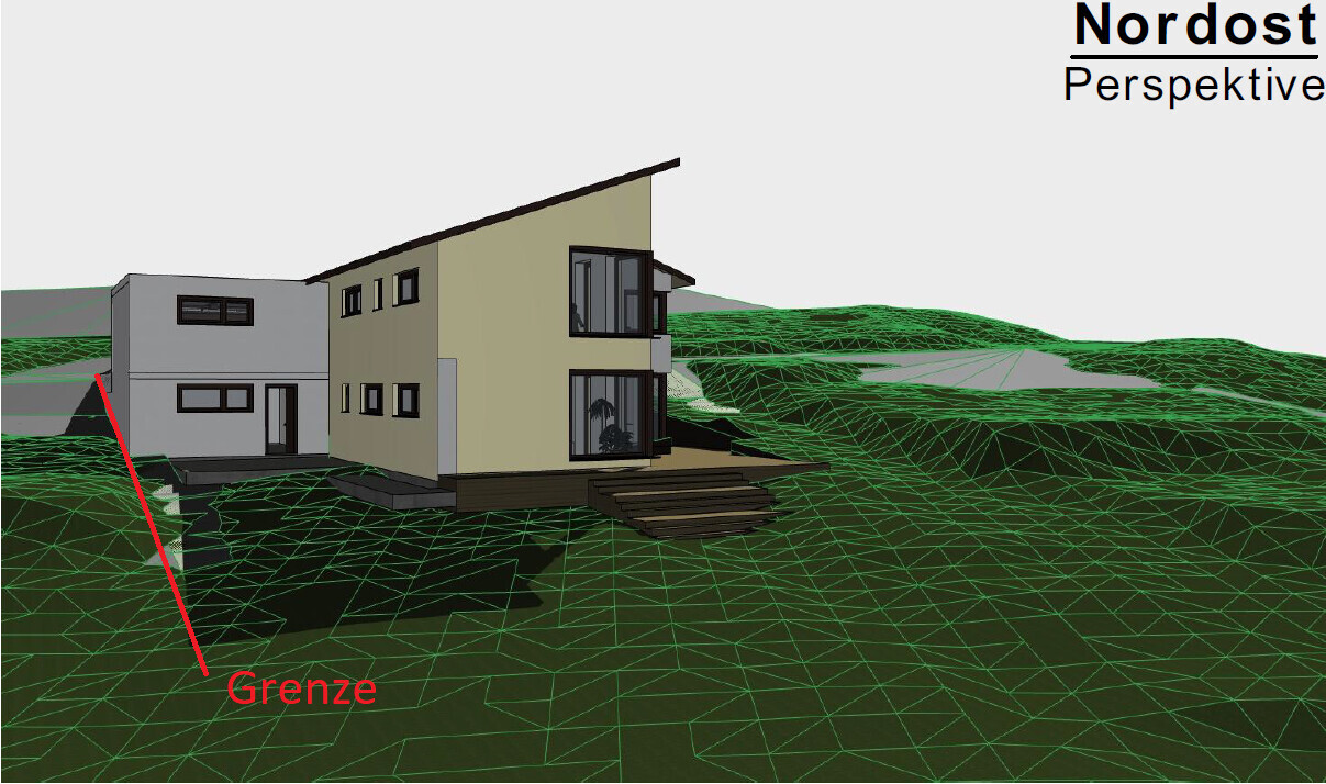 3D-Render eines modernen Hauses mit Terrasse, Nordost-Perspektive, roter Grenzlinie.