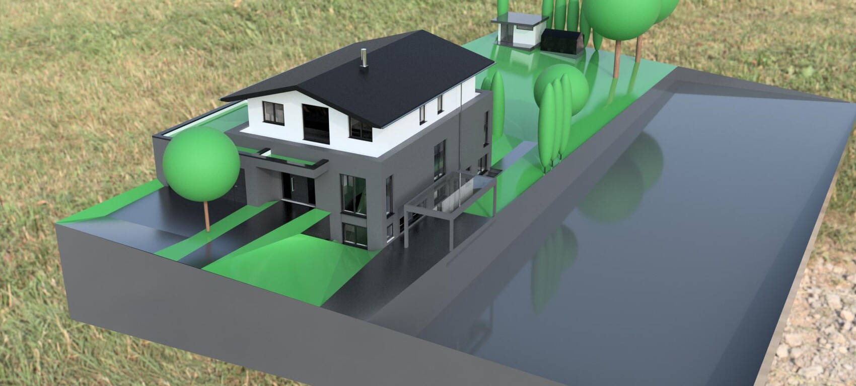 3D-Hausmodell auf Grundstück mit Grünflächen, Straße und Bäumen