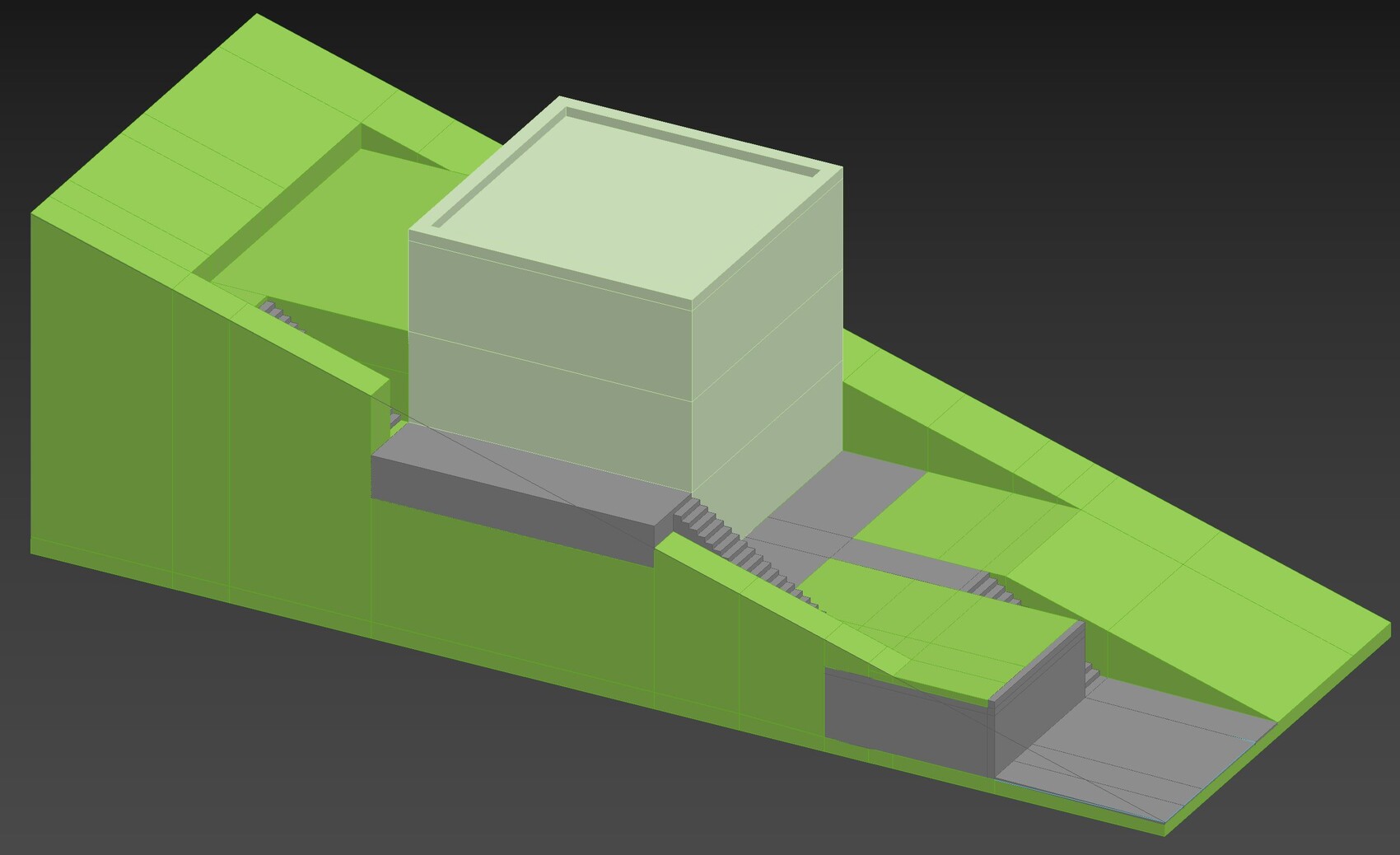 3D-Modell eines hellgrünen Gebäudes auf Gelände mit Treppen
