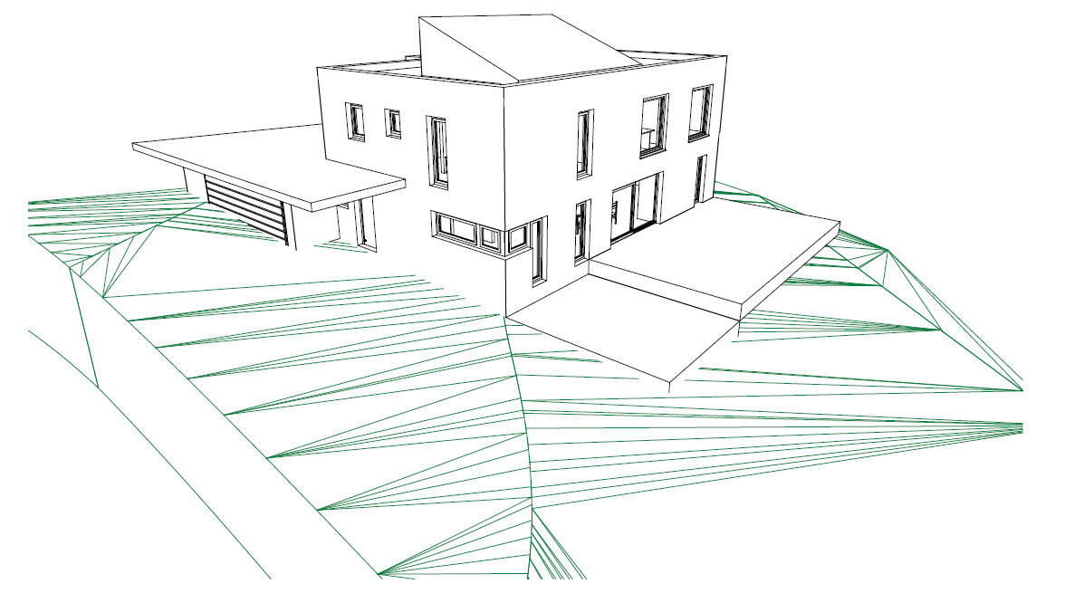 Moderne zweigeschossige Villa auf schrägem, wellenförmigem Gelände in Drahtlinien-Ansicht.