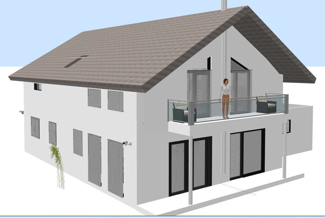 Zweistöckiges 3D-Haus mit Balkon, Terrasse und großen Glasfenstern