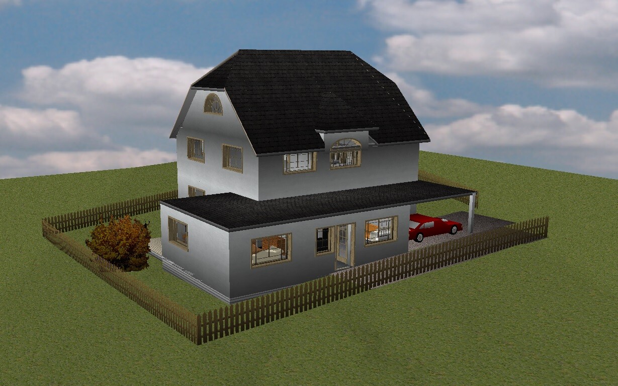 Zweistöckiges Haus mit großem schwarzem Dach, Carport mit rotem Auto, Garten und Zaun.