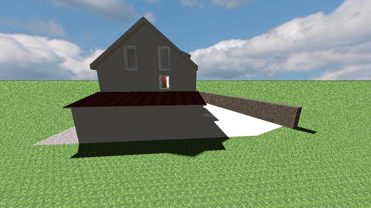 3D-Rendering eines grauen Hauses mit rotem Dach, Carport und grasigem Hof.