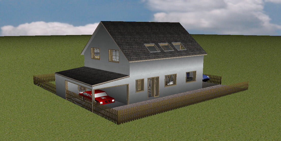 Zweistöckiges Haus mit Carport, rotem Auto und Holzzaun auf grünem Grundstück.