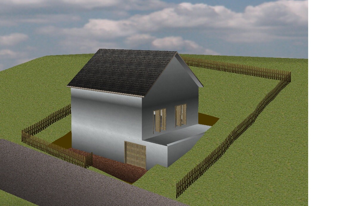 3D-Darstellung eines grauen Hauses mit dunklem Dach, umrundet von Holzzäunen auf einer Wiese.