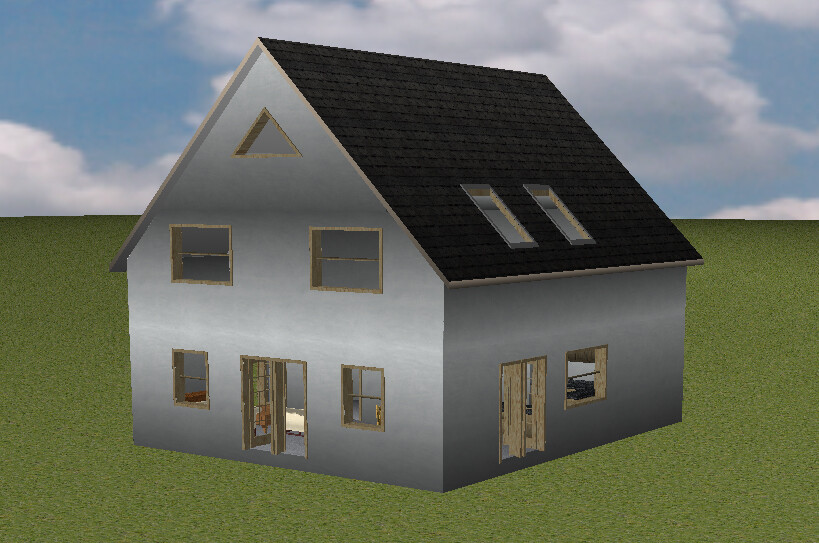 3D-Modell eines zweistöckigen Hauses mit dunklem Satteldach, vielen Fenstern auf grünem Rasen