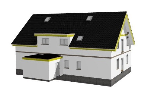 Zweistöckiges Haus mit schwarzem Satteldach, Garage, weißen Wänden und gelben Zierleisten.