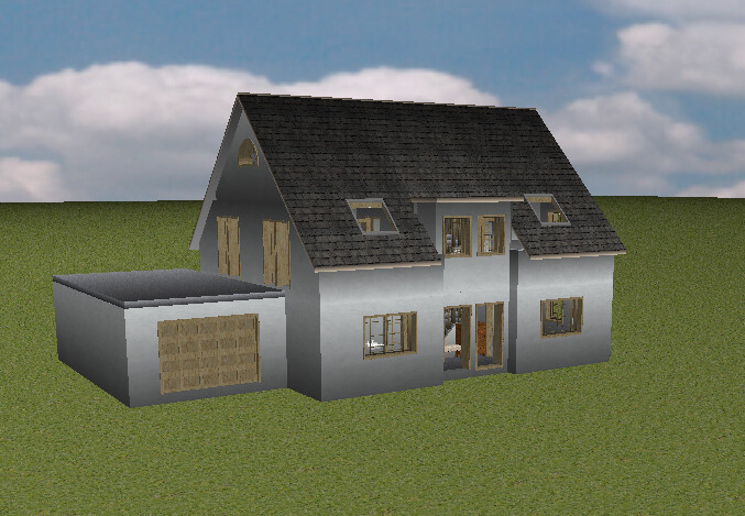 Modell eines zweistöckigen Hauses mit Garage, grauer Fassade, Satteldach und Fensterfronten.
