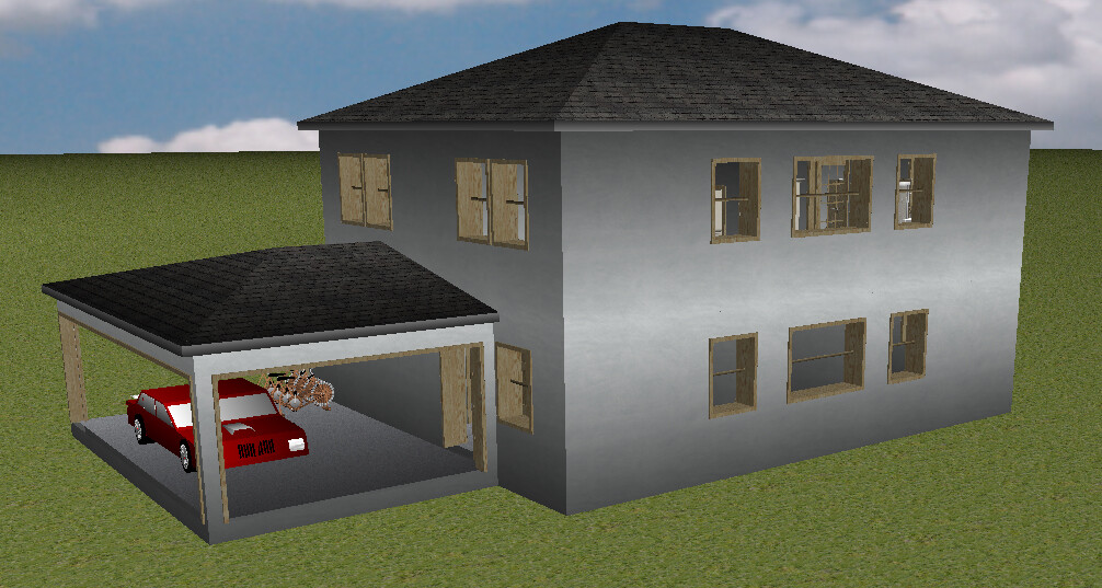 Zweistöckiges graues Haus mit Carport; roter Wagen im Carport, daneben ein Fahrrad.