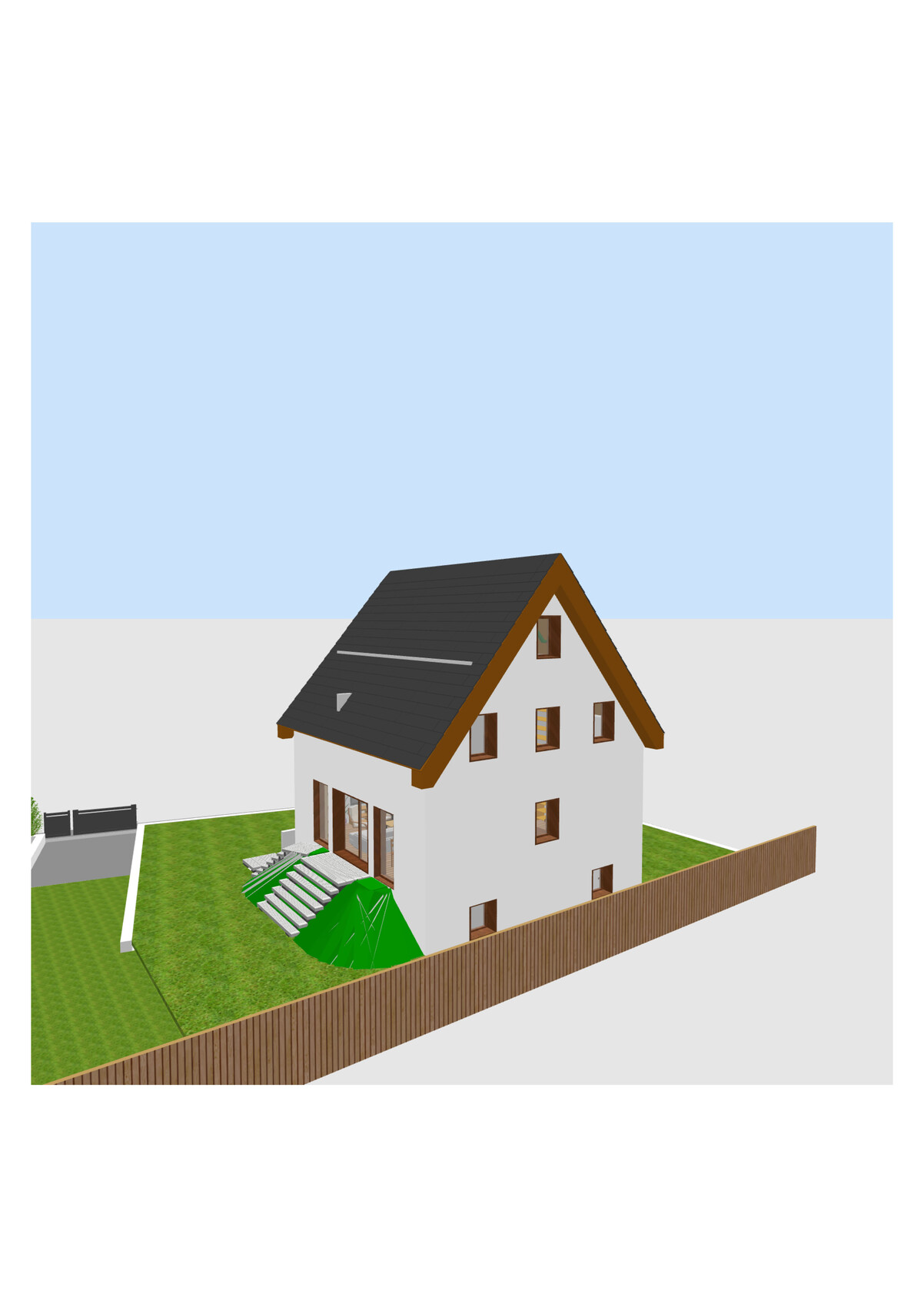 Zweistöckiges Haus mit dunklem Satteldach, braunen Dachbalken, Garten und Holzzaun.