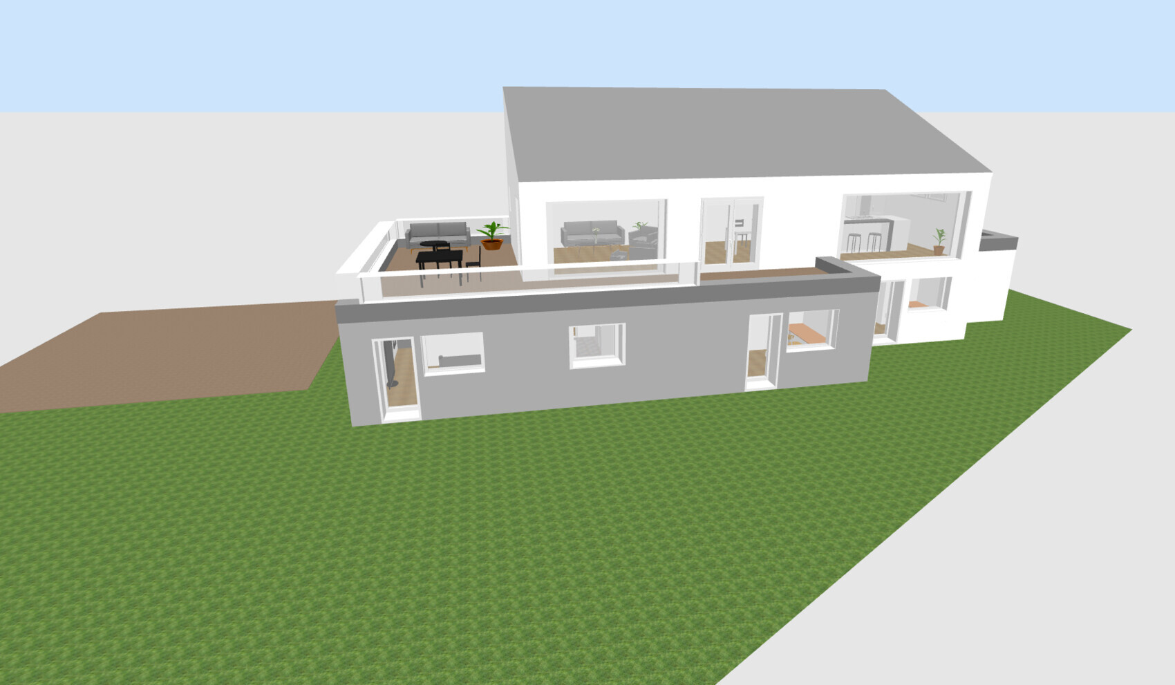 3D-Modell eines modernen Einfamilienhauses mit Terrasse und großen Glasfenstern.