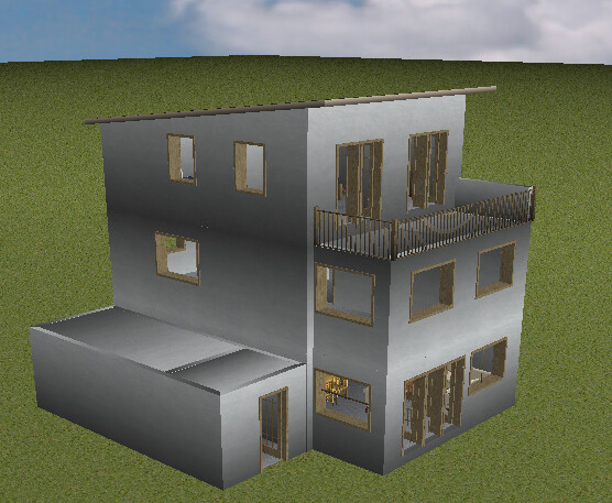 Modernes zweistöckiges Haus mit Balkon, vielen Fenstern und angeschlossener Garage auf Grünfläche