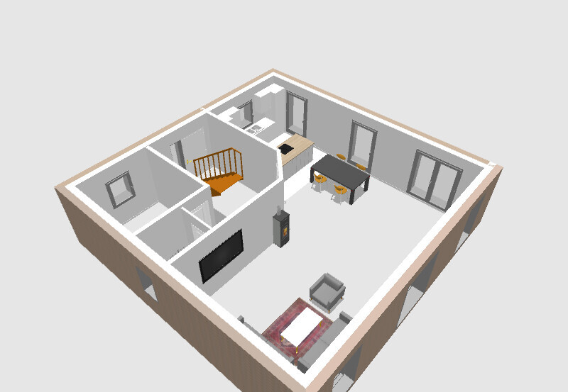 Isometrische Wohnungsansicht: Wohnzimmer mit TV, offene Küche, Esstisch, Schlafzimmer, Treppe.