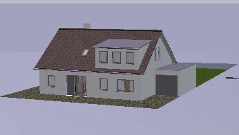 3D-Hausmodell von außen mit Satteldach, Fensterfront und Garage
