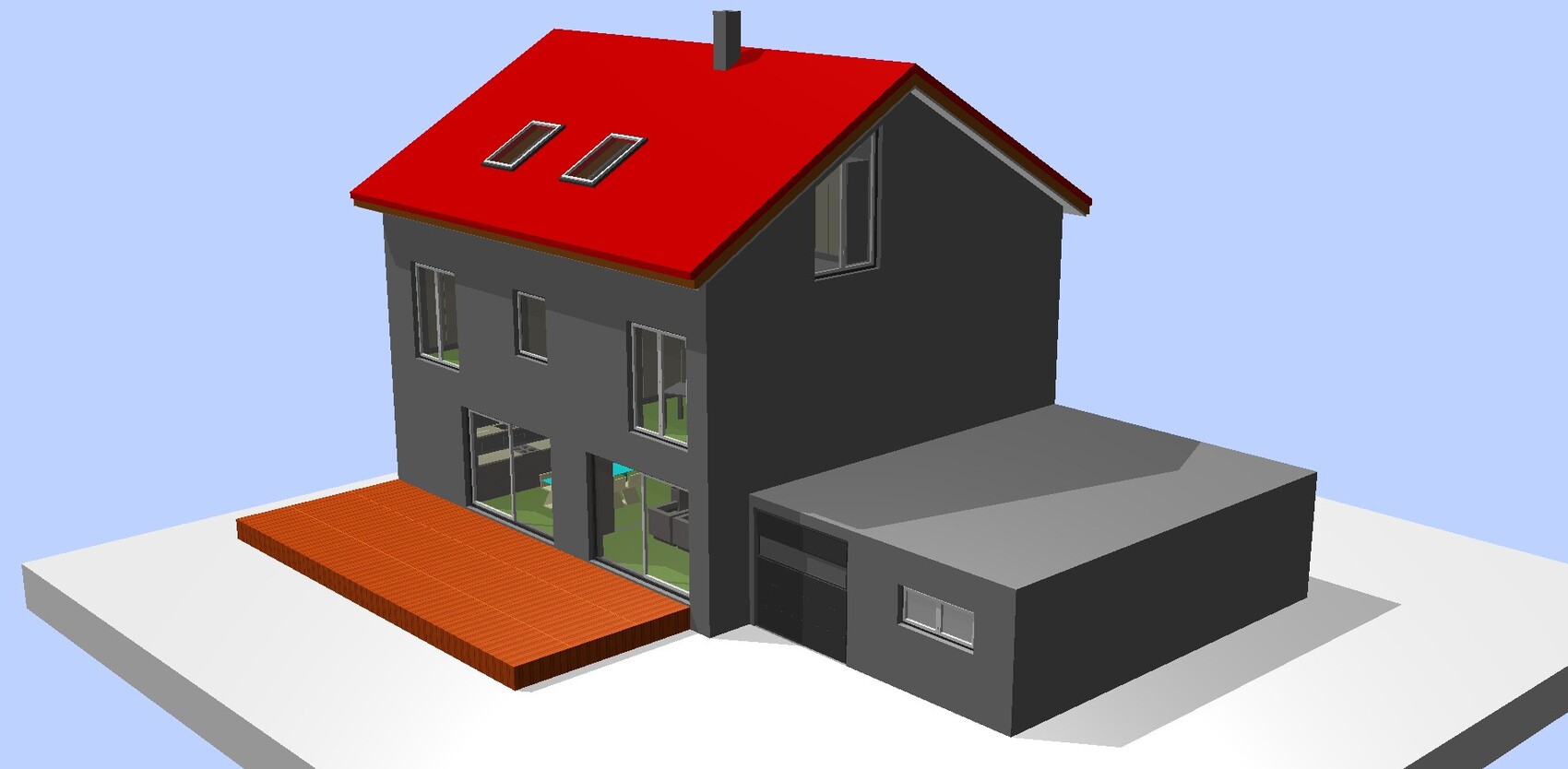 Zweistöckiges Haus mit rotem Dach, grauen Wänden, Glasfront und Holzterrasse; Anbau mit Garage.