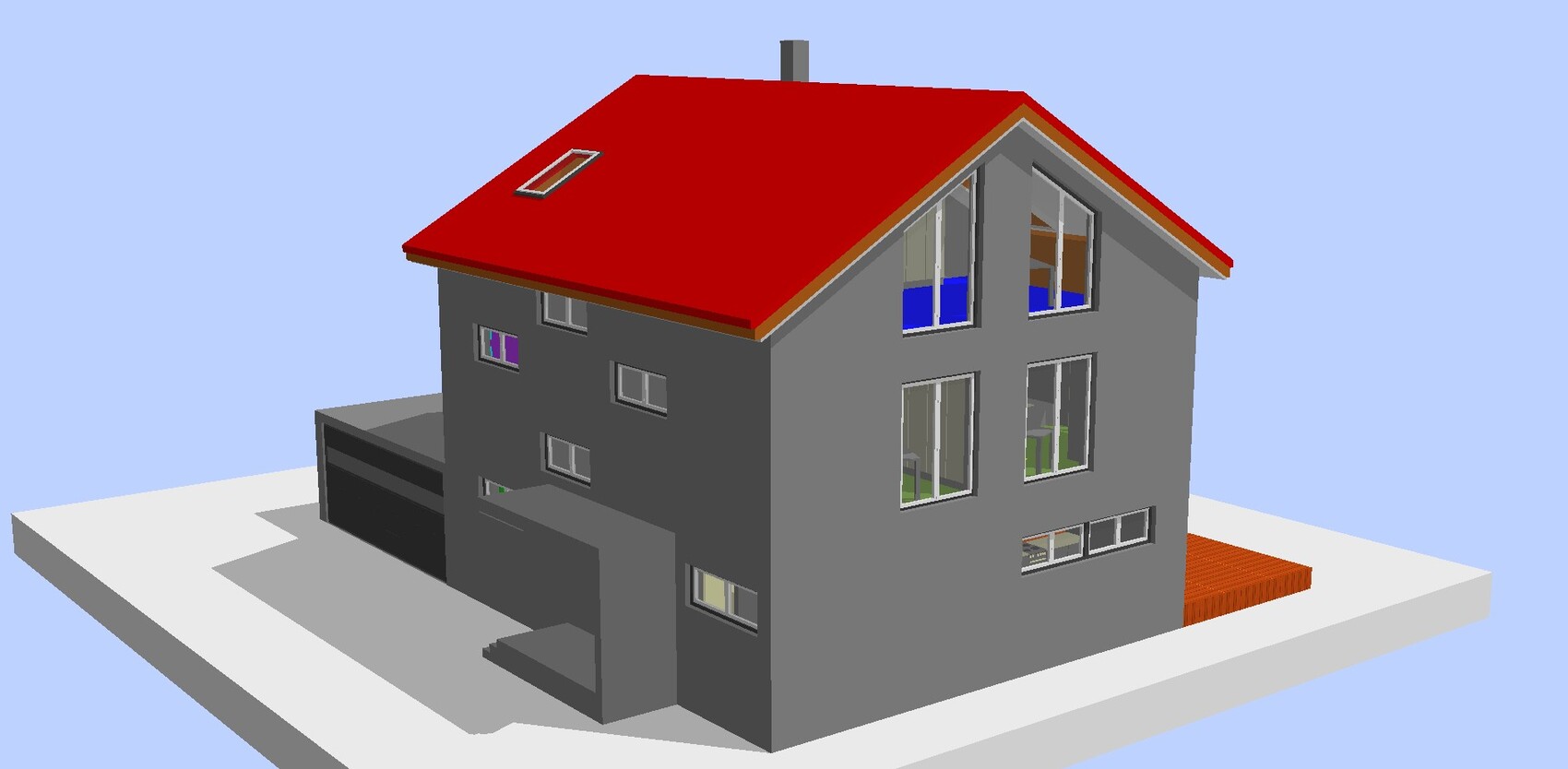 3D-Modell eines grauen Hauses mit rotem Satteldach, großen Fenstern und Garage.
