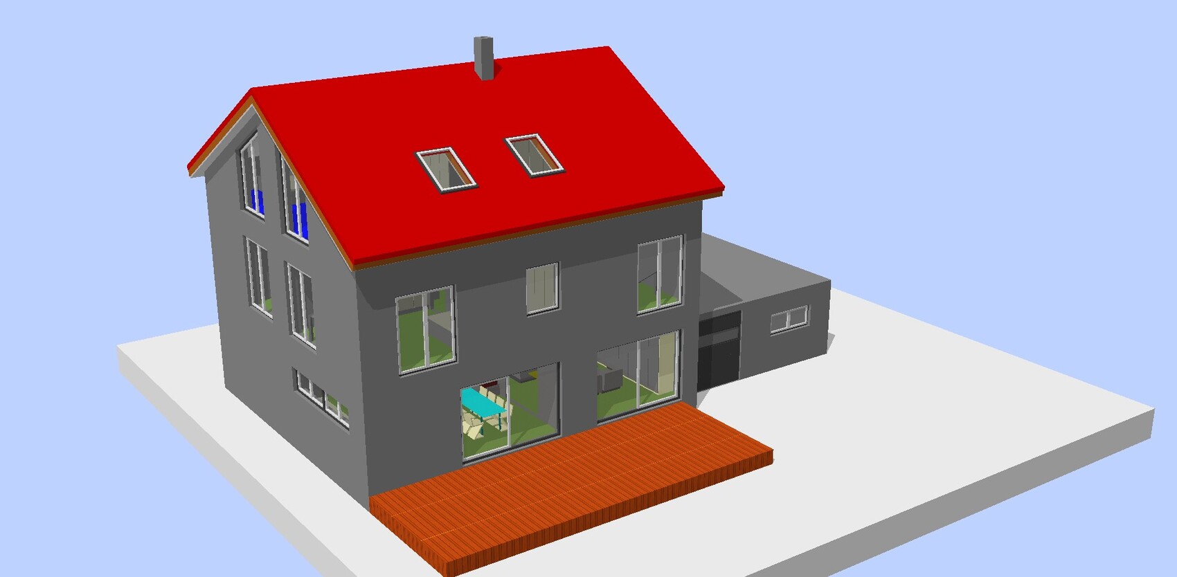 3D-Modell eines grauen Hauses mit rotem Satteldach und Holzdeck vorne.