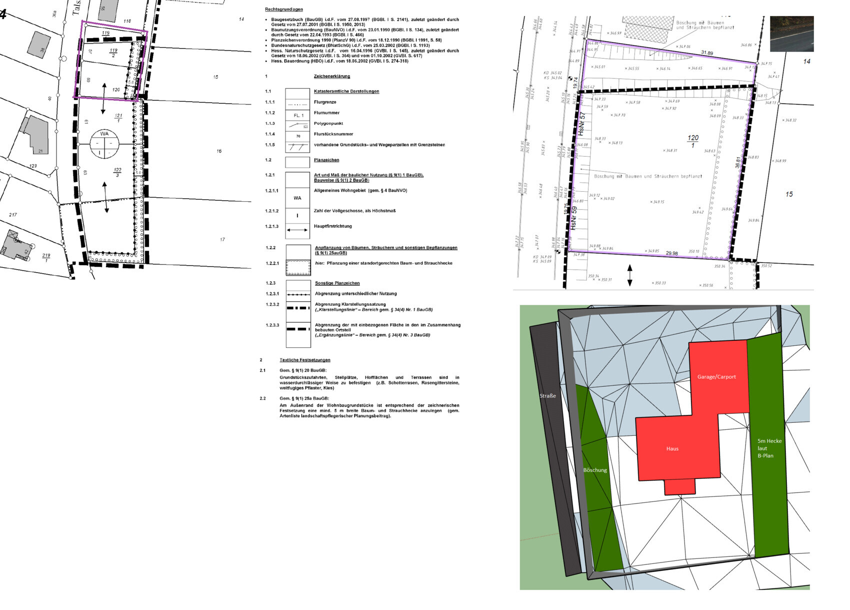 Grundrissplan mit Legende, Geländegrenzen und 3D-Ansicht von Haus und Garage/Carport.