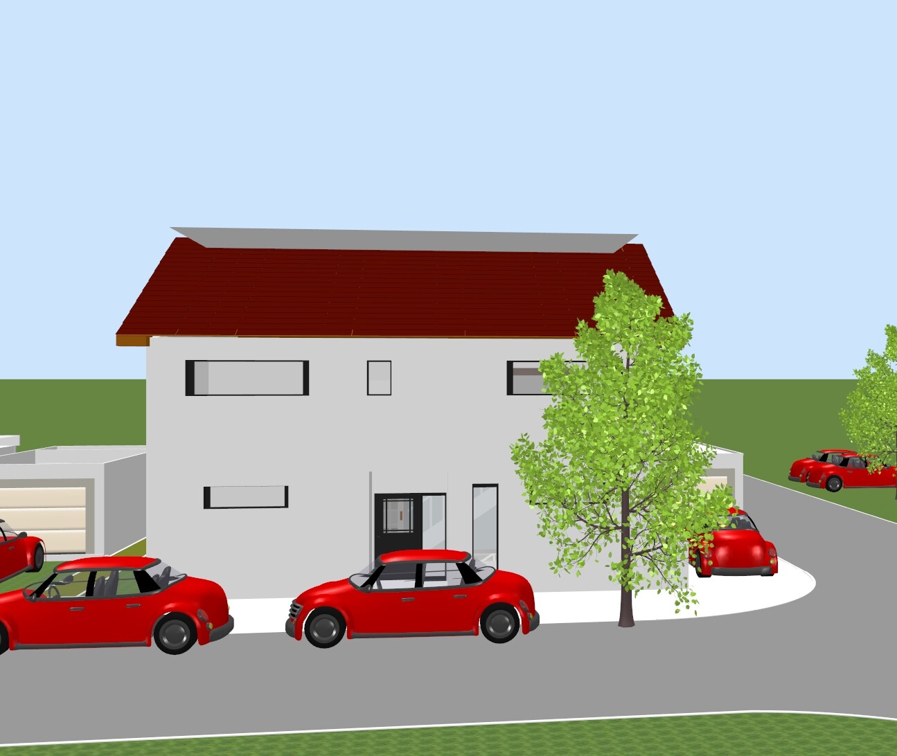 Zweistöckiges Haus mit rotem Dach, mehreren roten Autos und Bäumen.