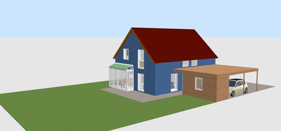3D-Hausmodell mit blauer Fassade, rotem Dach und Carport auf Grünfläche