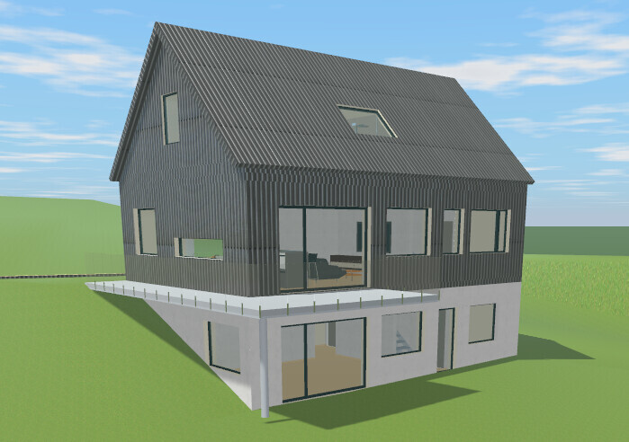 Modernes zweistöckiges Haus mit dunkler Wellblechfassade, großen Fenstern und Balkon auf Gras.