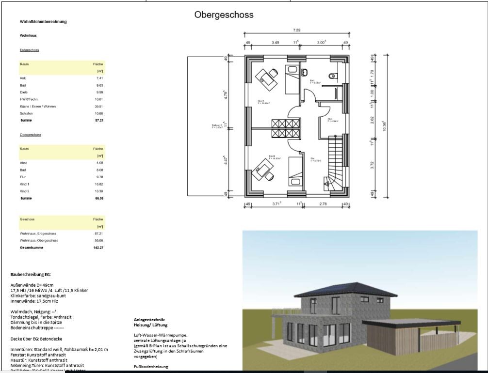 Grundriss des Obergeschosses mit Maßen links; 3D-Modell eines modernen Hauses rechts unten.