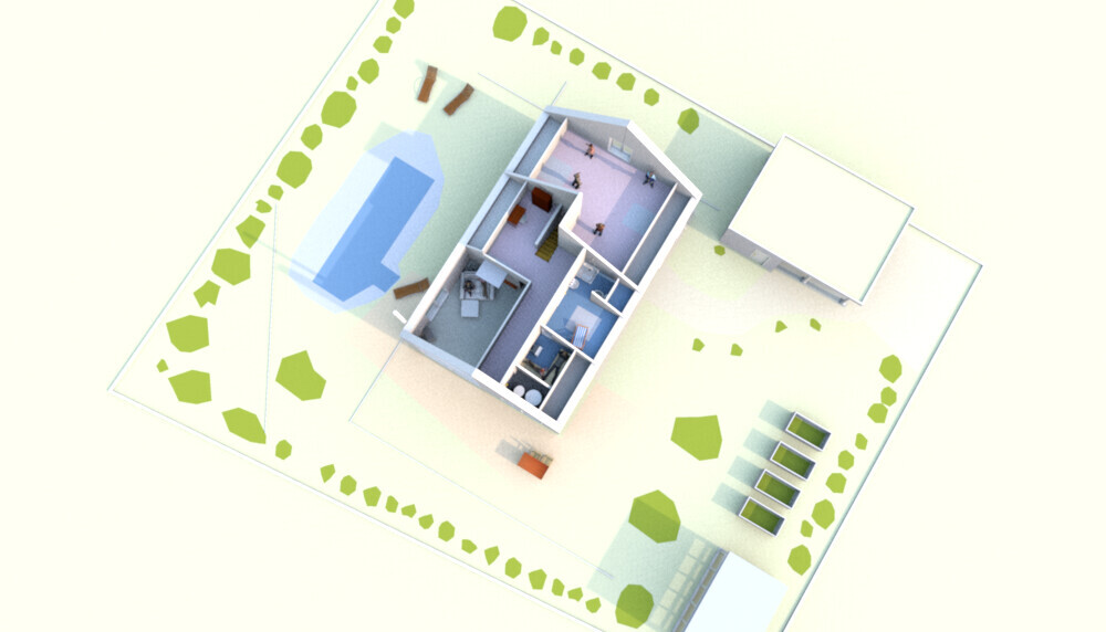 3D-Hausmodell auf Baugrundstück mit Garten und Bäumen