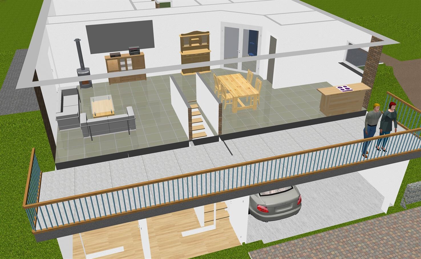 Modernes Haus: offenes Wohnzimmer, Essbereich, Küche; Treppe; Balkon mit zwei Personen; Auto unten.