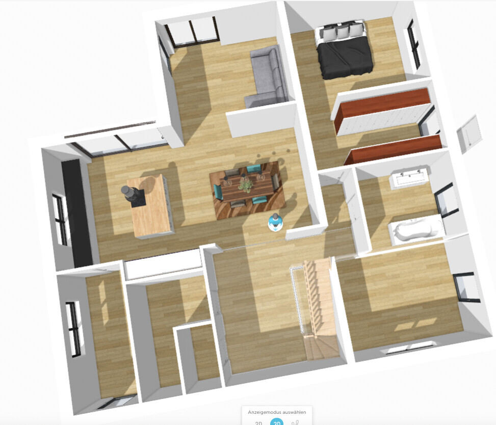 3D-Wohnungsgrundriss mit Wohnzimmer, Essbereich, Küche, Schlafzimmer, Bad und Fluren.