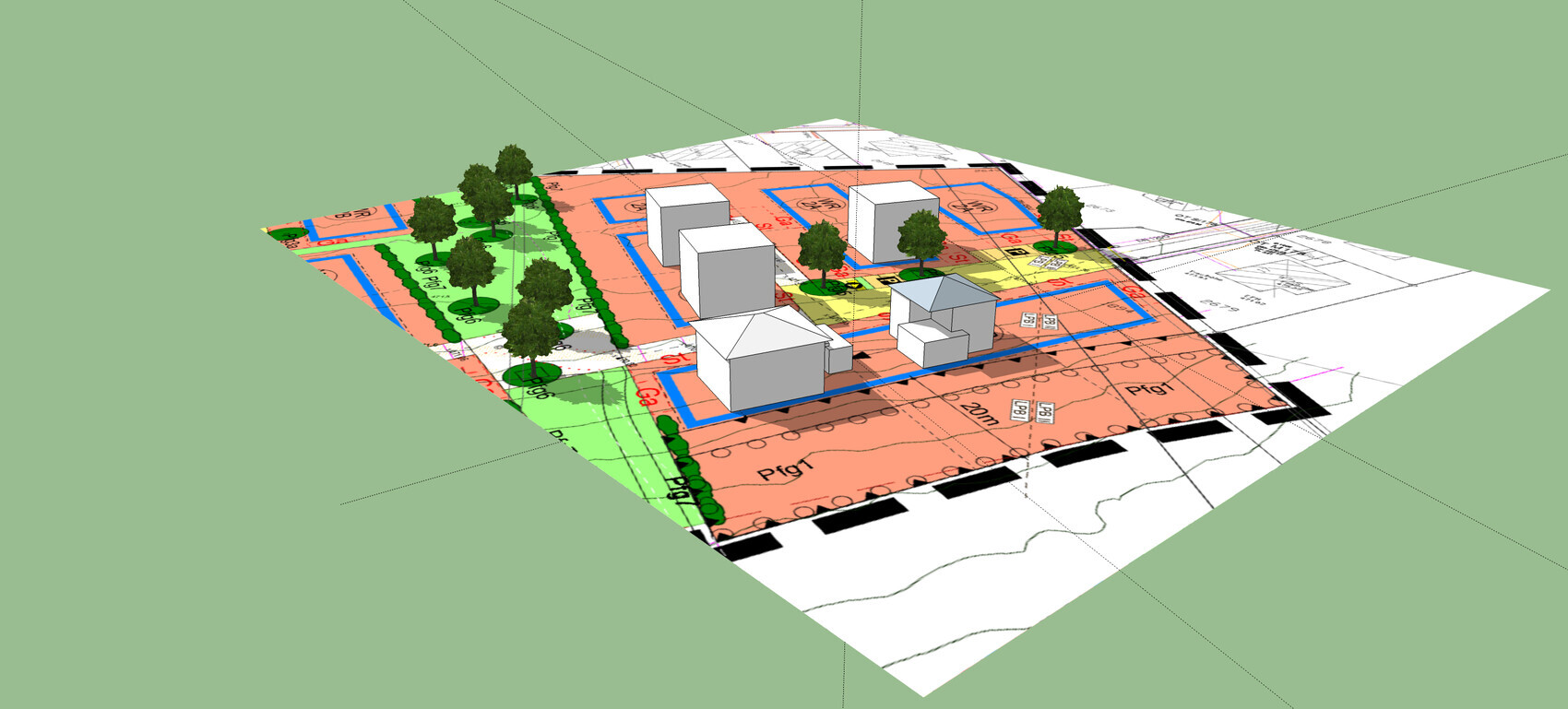 3D-Model eines Baugrundplans mit mehreren Häusern, Bäumen und farbigen Grundrissflächen.