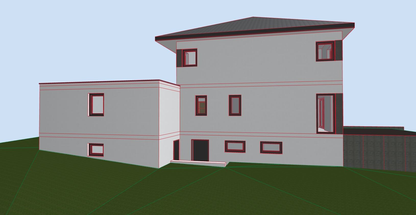 3D-Rendering eines modernen, zweistöckigen Hauses von außen